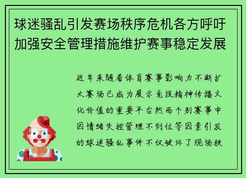 球迷骚乱引发赛场秩序危机各方呼吁加强安全管理措施维护赛事稳定发展 球迷骚乱引发赛场秩序危机各方呼吁加强安全管理措施维护赛事稳定发展